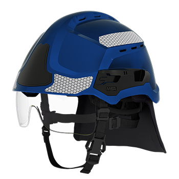 Helm Gallet F2XR, blau mit Augenschutzvisier und Nackenschutz