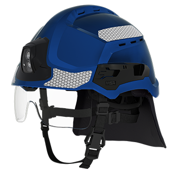 Helm Gallet F2XR, blau, mit Kopflampe Augenschutzvisier und Nackenschutz